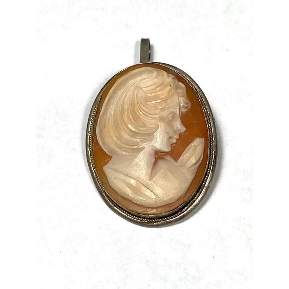 Cameo Carved Shell Vintage Lady 800 Silver Frame Estate unique Brooch Pendant - Picture 1 of 9